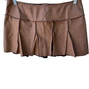 Picasso Y2K Grunge Punk Faux Leather Raw Edge Paneled Pleated Mini Skirt Brown L